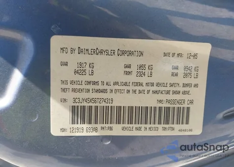 2006 Chrysler Pt Cruiser z USA, uszkodzony, nr VIN 3C3JY45X56T274319